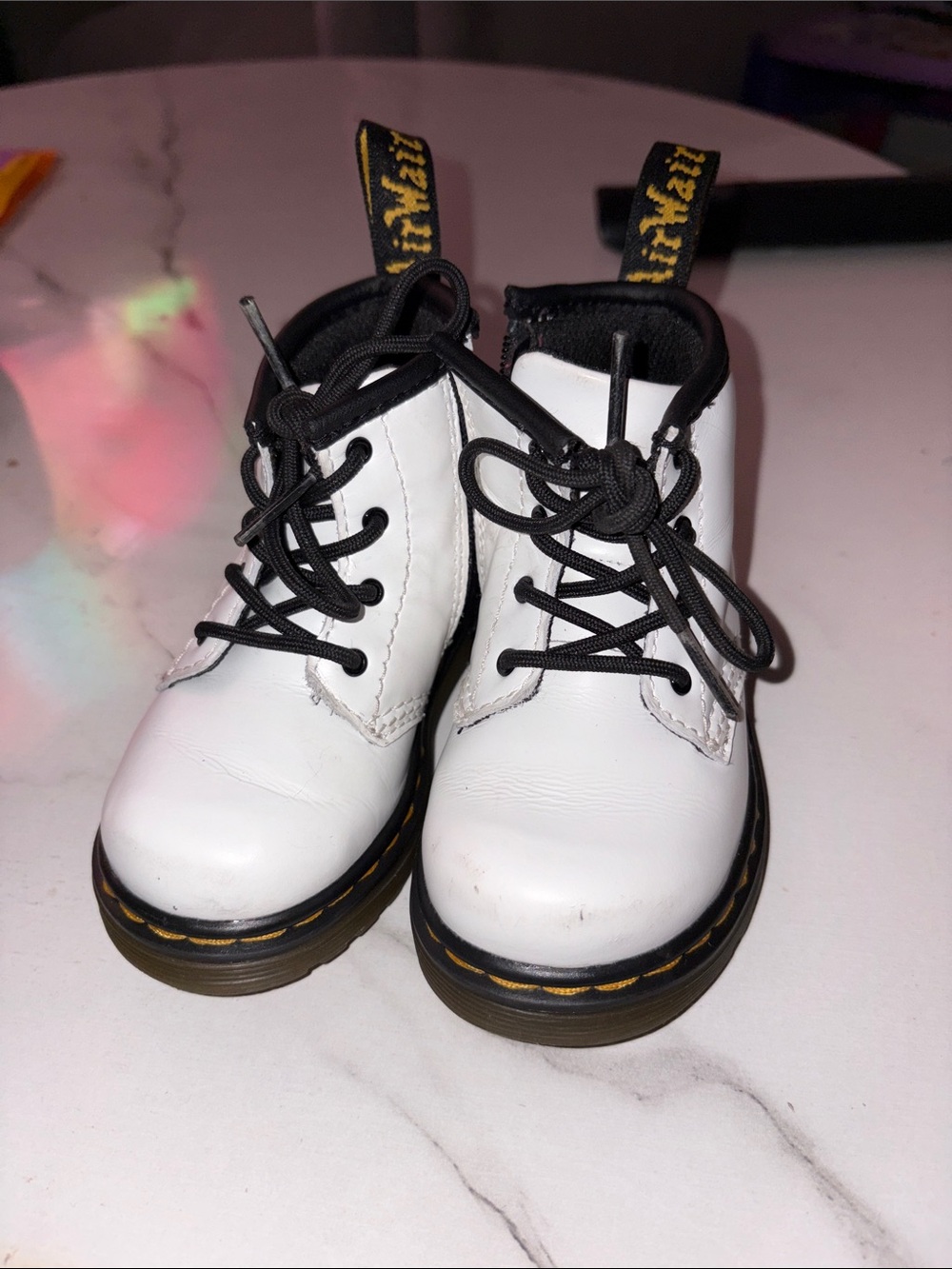 Dr. Martens Kids White Leather Lace-Up Boots with Black Trim - Picture 1 of 6